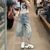 Shorts de mezclilla con estampado de estrellas desgastado estilo retro americano para mujer, pantalones cortos de verano holgados de talla grande