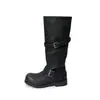 Botas de Caballero de Cuero Pulido para Mujer Botas Altas Largas Otoño/Invierno Nuevas Punta Redonda Tacón Medio Botas de Ponerse Hebilla de Correa No por Encima de la Rodilla Mujer