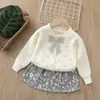 Conjunto de Dos Piezas de Suéter Infantil Ropa para Niñas Conjunto de Punto Falda Bebé Niña Lentejuelas Lazo Cárdigan Chaqueta Conjunto de Manga Larga