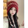 Otoño e Invierno Nuevo Colorido Rayado Felpa Versátil Cálido Protección para Orejas Sombrero de Lana Protección para Orejas Borla Gorro de Punto Mujer