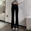 Calça jeans preta dividida para mulheres primavera e outono 2023, nova calça pequena de cintura alta, justa e justa, micro alargada