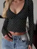Top Francés de Puro Deseo con Escote en V Profundo y Pliegues, Manga Larga, Estilo Nuevo Otoño Invierno, Adelgazante, Corto, Versátil para el Trabajo Diario, Camiseta Base