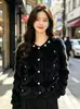 Cardigan de Felpa Elegante Blanco con Perlas para Mujer, Estilo Nuevo Invierno 2026, con Adorno Pesado de Pedrería, Tejido de Punto con Cuello Redondo