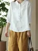 Camisetas de Verano de Nuevo Estilo con Cuello Polo de Algodón y Lino de Manga Corta, Camisetas Casuales Sueltas Retro Artísticas con Media Botonadura de Manga Media para Mujer