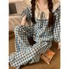 Pijama Feminino de Algodão Nuvem com Renda e Gola Grande para Primavera e Outono, Xadrez, Desenho Animado, Conjunto para Casa