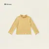 Top base de manga larga para niña, cuello alto con volantes, estilo primavera y otoño, elástico ajustado, color liso, top para bebé