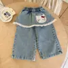 Calça Jeans Feminina Ningli com Renda do Kt Cat, Novo Estilo Primavera e Outono, Calça Wide-Leg Estilosa de Retalhos Soltos para Crianças