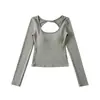 Camiseta Sexy de Manga Larga con Escote Redondo Bajo Hueco Estilo Puro Deseo para Mujer Nueva Llegada de Primavera con Almohadillas en el Pecho Ajustada Top Corto de Capa Base