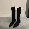 Versión Satín~Novedad Otoño/Invierno Botas Elásticas de Punta Cuadrada Botas Adelgazantes Moda Femenina Temperamento Botas Altas Planas Adelgazantes
