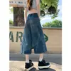 Shorts jeans feminino 7/8 estilo retrô americano, novo modelo verão 2026, cintura alta, ideal para baixinhas, calça pantalona solta de comprimento médio