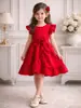 Vestido de Verão para Meninas com Cinto Vermelho de Babados e Laço Vestido Princesa Moda Infantil Tendência Moda Transfronteiriça