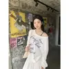 Toma real~Camisa de protección solar de punto fino de manga larga, holgada, con hombros descubiertos y lazo, con estampado de letras para mujer 18723