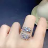 Anel de prata esterlina com aquamarina natural incrustada, abertura ajustável para mulheres, estilo pena, pedra principal 5*7mm