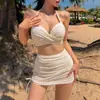 Biquíni Feminino Coreano de Três Peças, Maiô Sexy de Cintura Alta Liso Push-Up com Acolchoamento Espesso