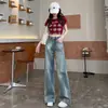 Jeans Anchos Lavados Vintage para Mujer Otoño 2024 Nuevos de Cintura Alta Sueltos Estilo Americano Pantalones Rectos