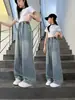 Calças Jeans Wide-Leg para Meninas Primavera e Outono Novo Estilo Hot Drilling Soltas de Perna Reta Crianças de Tamanho Médio e Grande Estilo Coreano Tendência Calças Longas