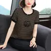 2026 Nuevo Estilo Suéter con Pedrería Talla Grande Casual Simple para Mamá Camiseta de Manga Corta Rayada con Cuello Redondo para Mujer Verano