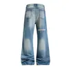 Pantalones acampanados de mezclilla holgados para hombre, estilo hippie, marca de moda, con parches rotos y diseño de remaches, lavados y desgastados, pantalones largos holgados
