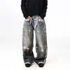 Jeans de estilo callejero americano con efecto desgastado, estampado digital 3D, estilo dos piezas falsas, para hombre y mujer, pantalones holgados de pierna ancha estilo callejero