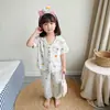 Conjunto de Roupas de Casa com Gola Lapela Infantil, Estilo Verão Fino, Roupa com Ar Condicionado para Meninos e Meninas, Cardigã de Manga Curta, Pijama de Algodão Nuvem Estilo Coreano