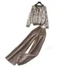 Traje de Moda Europeo para Mujer en Otoño, Top de Punto Holgado Casual Versátil con Cuello Redondo y Mangas Largas, Pantalones de Pierna Ancha de Cintura Alta