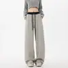Pantalones casuales de punto a rayas beige y gris estilo americano para mujer, corte holgado y relajado, con una caída favorecedora, efecto adelgazante, versátiles pantalones largos de pierna ancha y recta