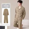 Pijama de Talla Grande para Hombre Primavera y Otoño Algodón Puro Casual Holgado Cuello de Solapa Manga Larga Adolescentes Pueden Usar Ropa de Casa para Salir Conjunto