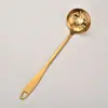 Colher para Panela Quente de Aço Inoxidável Dourada com Cabo Longo Espesso, Colher de Sopa Anti-Queimadura, Concha de Sopa Doméstica com Furo, Conjunto de Escorredores de Cozinha