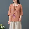 Ropa de Verano para Mujer Tallas Grandes Algodón Lino Top Bordado para Mujer Artístico Holgado Versátil Retro Estilo Chino Estilo Étnico Camiseta para Mujer