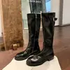 Botas de montaria retrô em couro bovino lavado para mulheres, bico redondo, detalhe de fivela, sola grossa, cano alto, botas longas, salto grosso, botas de ajuste justo
