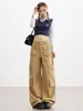 Jeans Vintage de Bolsillos Múltiples con Cuentas Color Caqui para Mujer, Nuevo Estilo Otoño 2026, Pantalones Anchos de Corte Holgado para Trabajo