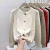 Cardigan Suéter de Malha Floral Cor de Café com Botão Pequeno Dourado para Mulheres, Primavera 2026, Estilo Suave e Relaxado, Peça de Roupa Exterior Simples Retrô