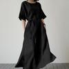 Vestido longo feminino com bainha dividida, elegante, manga curta, casual, cinto, algodão e linho, vestido para mulheres