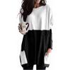 Camiseta Color Block Popular da Amazon em Estoque, Camisa Básica Feminina, Estilo Europeu e Americano, Primavera Gola Redonda Patchwork Bolso Manga Longa