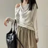 Camiseta de Manga Larga Asimétrica con Hombro Descubierto y Diseño Retorcido, Top Pequeño de Alta Gama Único para Mujer, Nuevo Top Básico Irregular de Hombro Caído Primavera/Otoño 2026