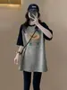 Camiseta de Manga Corta Gruesa con Bloques de Color y Forro Polar Cepillado para Mujer, Moda Casual Suelta de Longitud Media para Primavera y Verano Combinada con un Top con Estampado de Tiburón