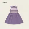 Vestido sin mangas de retazos a rayas moradas y blancas para niña, vestido tipo tank A de cintura ceñida para niños, vestido casual de verano para bebé