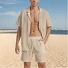2024 Transfronterizo Nuevo Amazon Traje de Camisa de Manga Corta Verano Holgado Casual Algodón y Lino Cárdigan Camisa para Hombre