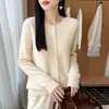 Cardigan de Punto con Cuello Redondo Completo de Lana Sin Costuras Estilo Coreano Nuevo Otoño/Invierno Chaqueta Suéter Versátil para Mujer Abrigo Engrosado