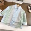 Traje de camisa de primavera para niños y niñas, nueva camisa a rayas de manga larga para niños, top, jeans rotos, moda de comercio exterior