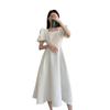 Vestido Preto Forrado Estilo Estrangeiro Manga Bufante Nova Francesa Saia Evasê Emagrecedora Cintura Verão Elegante Saia de Grande Balanço para Mulheres