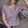 "Paseando por la Luz" Top de Punto de Manga Corta con Costilla y Calados en Mezcla de Tencel y Lino