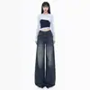 Jeans Retrô Lavado de Perna Reta Feminino 2026 Outono Novo Perna Larga Solto Emagrecedor Estilo Preguiçoso Calça de Perna Larga