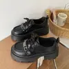Zapatos de Cuero Metálico con Suela Gruesa para Aumentar la Altura para Mujer, Nuevo Modelo 2025, Zapatos de Salón Individuales Negros con Cordones Estilo Británico Retro para Estudiantes