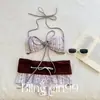 Estampa Retro Pequeno Busto Franzido Biquíni Americano Maiô Sexy Tomara-que-caia Dividido Garota Quente Roupa de Banho para Resort de Águas Termais Verão
