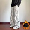 Calça de Moletom Tie-dye Pesada para Trabalho Masculina de Inverno Perna Larga Solta Reta Casual Calça Masculina Forrada com Fleece