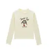 Camiseta Blanca de Cuello Redondo, Hombros Caídos, Corte Ajustado, Manga Larga para Mujer, Nuevo Estilo de Verano, Estampado de Pato de Dibujos Animados, Top Versátil, Capa Base