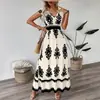 2026 Europeu e Americano Amazon Aliexpress Novo Estilo Moda Verão Estampado Decote V Ajuste na Cintura Vestido Longo Roupa Feminina