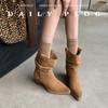 Botas de Couro Genuíno Estilo Zhao Lusi Melad Bico Fino Franzidas Arredondadas Botas Curtas Meio da Panturrilha Estilo Cowboy Ocidental Martin