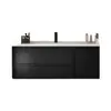 Nuevo estilo moderno de mediados de siglo, diseño de lujo ligero, mueble de baño multicapa de madera maciza negra con lavabo de cerámica integrado y espejo inteligente